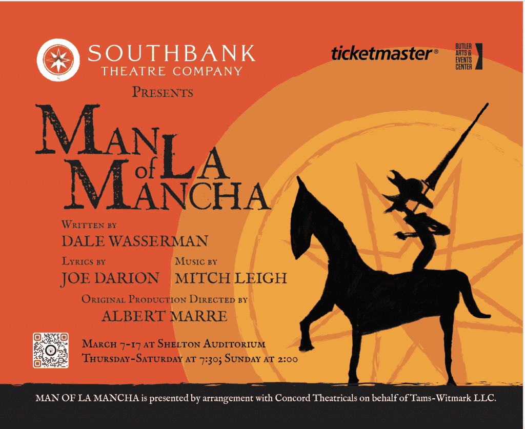 Silhouette of a man on a horse with a sun behind him. Poster announcement for Man of La Mancha
